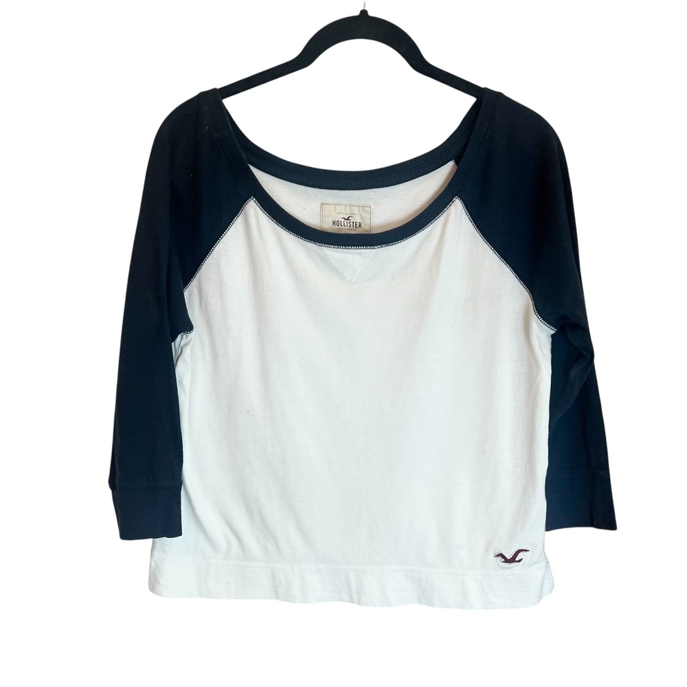 Hollister Womens Raglan 3/4 Sleeve Baseball T-Shirt White Navy Blue Small
